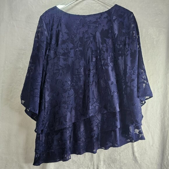 Alex Evenings Blouse Pants Set Women Dark Navy Tiered Hem Round Neck Floral - Picture 4 of 16